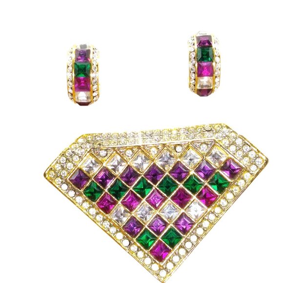Diamond Shaped Crystal Encrusted Brooch and Matching Hoop Earrings, Colorful - Picture 3 of 4